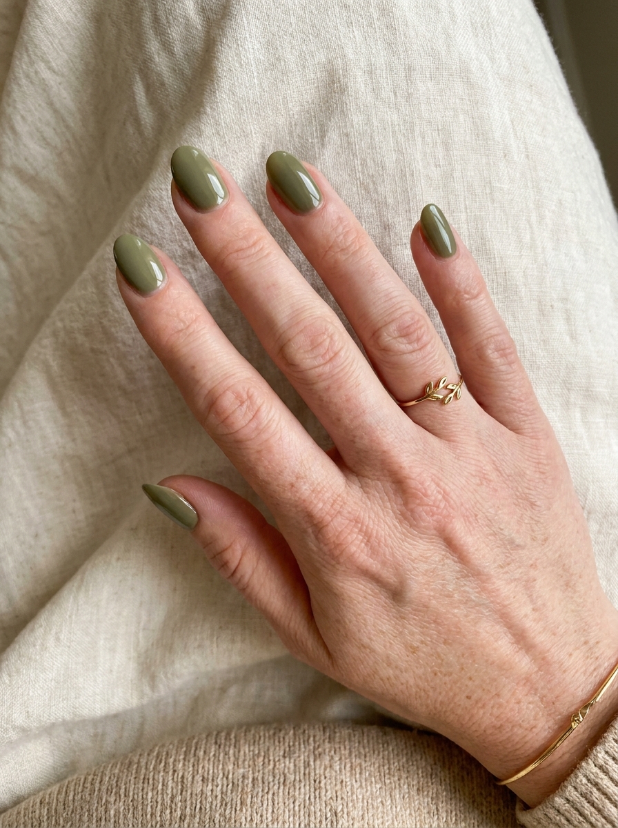 Olive Green Herbstnägel als Nägel Inspiration Herbst 2026